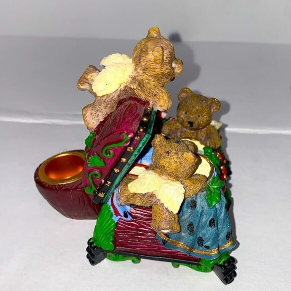 Vintage Three Angle Bears Inside Of A Red And Green Toybox W Candlestick Holder - Picture 3 of 8